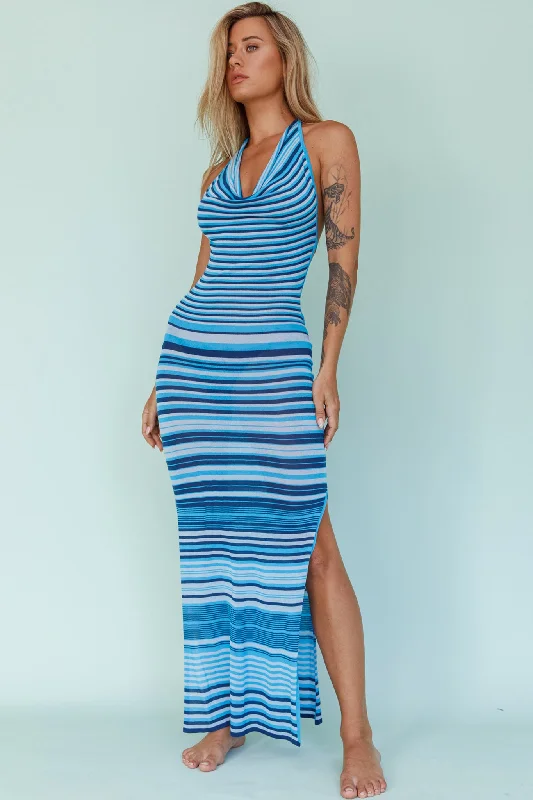 Azure Shores Knit Midi Dress Striped Blue