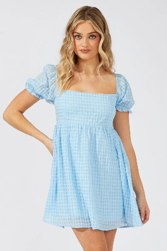 Blue Fit and Flare Dress Short Sleeve