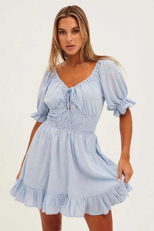 Blue Mini Dress Fit & Flare Puff Sleeve V-Neck