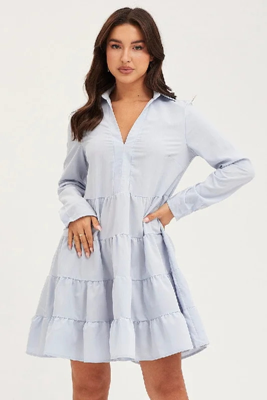 Blue Skater Dress Long Sleeve Mini