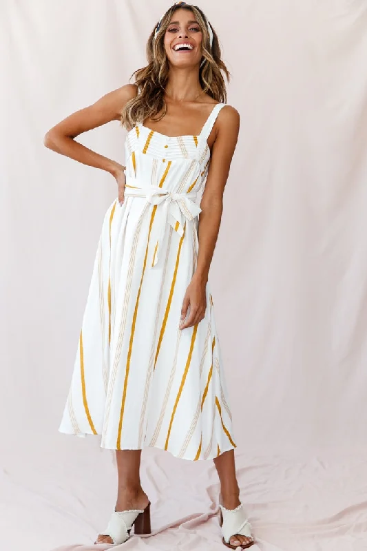 Colmar Wide Strap Midi Dress White Mustard Stripe