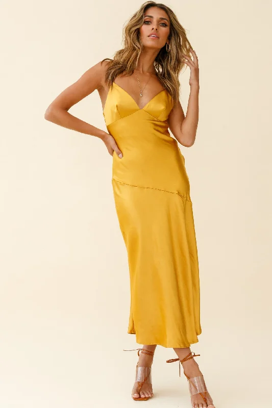 Downtown Cami Strap Front Split Midi Dress Mustard