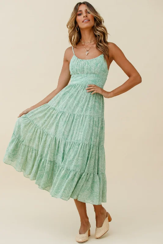 Eternal Sunshine Gathered Bust Maxi Dress Leaf Print Green