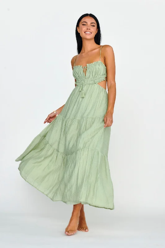 Eyona Cut-Out Waist Tie Maxi Dress Sage