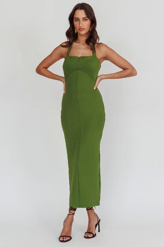 Goldfoil Halter Neck Maxi Dress Olive