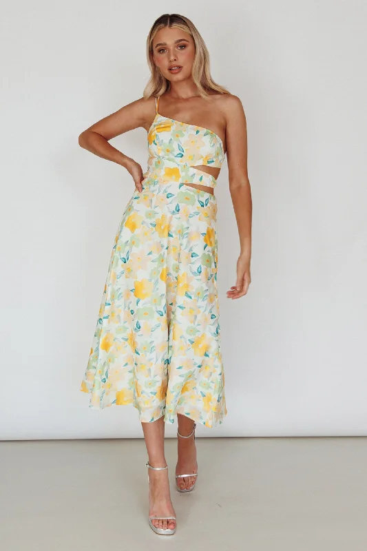 Halia One-Shoulder A-Line Midi Dress Floral Yellow