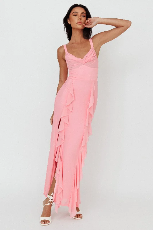 Hollianna Ruffle Trim Split Maxi Dress Blush