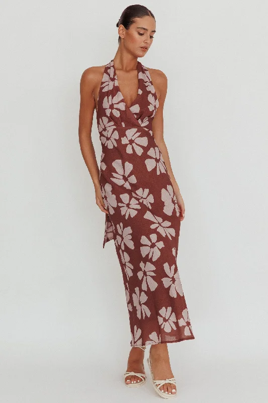 Italia Azure Halterneck Floral Maxi Dress Brown