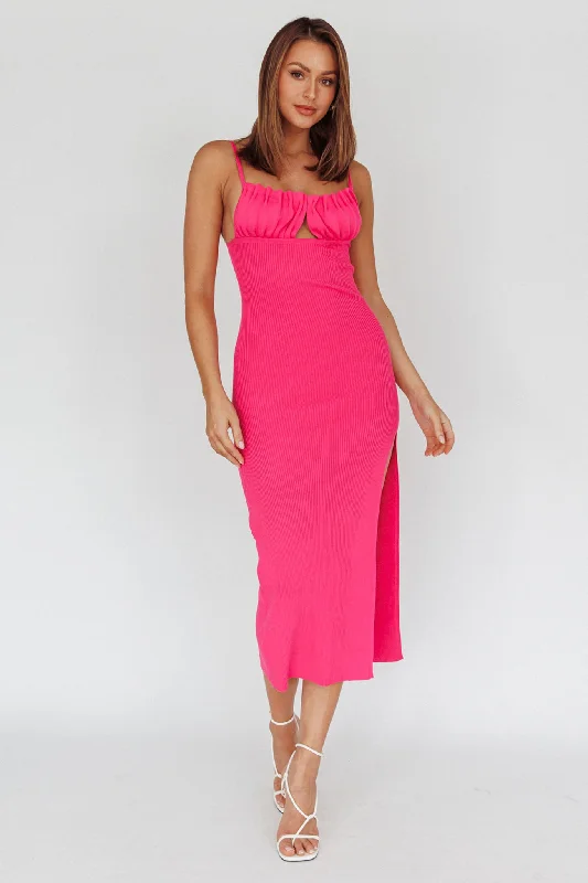 Jelina Gathered Bust Knit Midi Dress Fuchsia