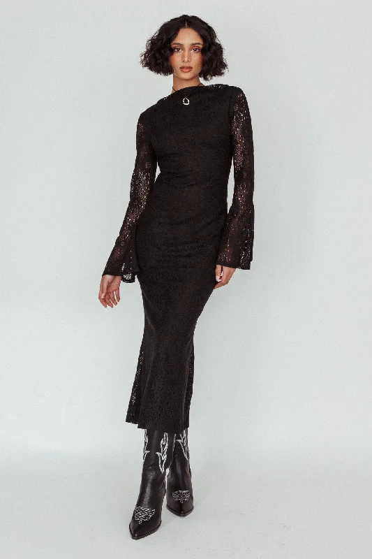 Kalia Long Sleeve Lace Midi Dress Black