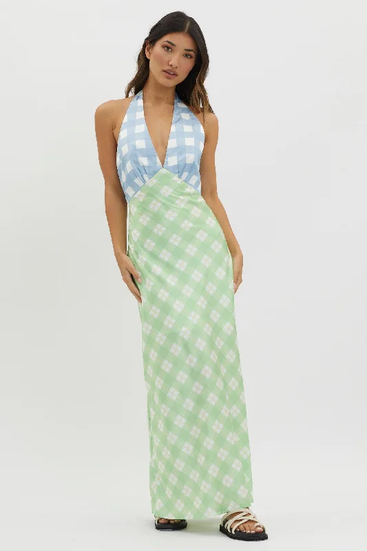 Lavara Halterneck Maxi Dress Checker Green