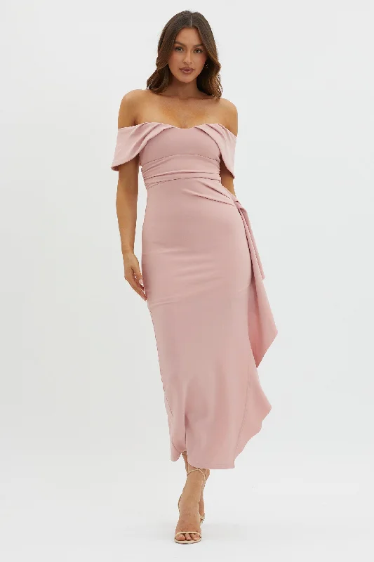 Lillianne Off-Shoulder Side Ruffle Maxi Dress Blush