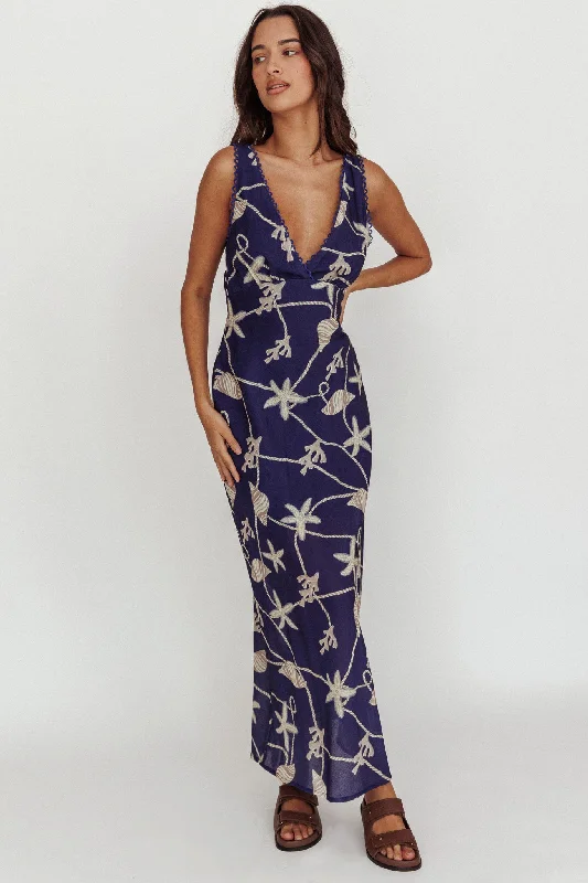 Miss Divine V-Neck Ocean Maxi Dress Blue