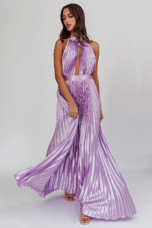 Monarch Pleated Satin Maxi Dress Lavender