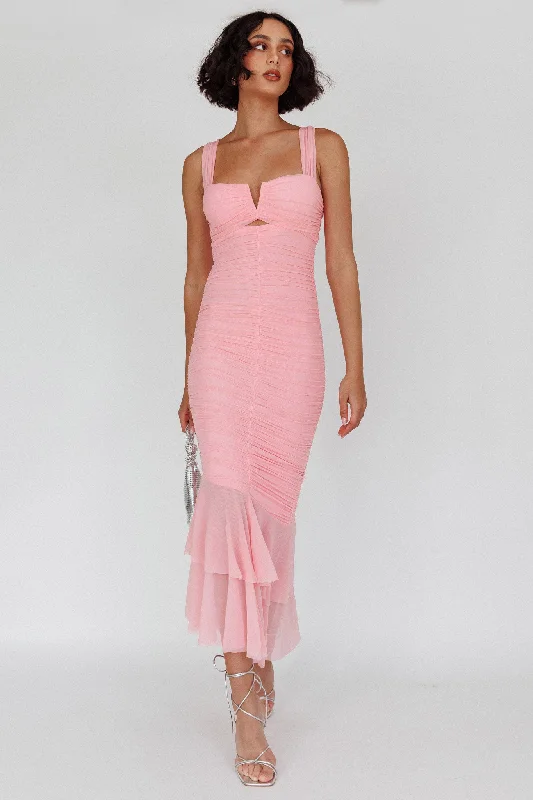 Nadia Ruched Fishtail Maxi Dress Blush