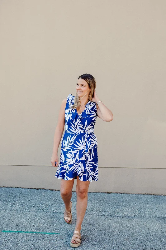 Naples Faux Wrap Dress Navy Palm Leaf