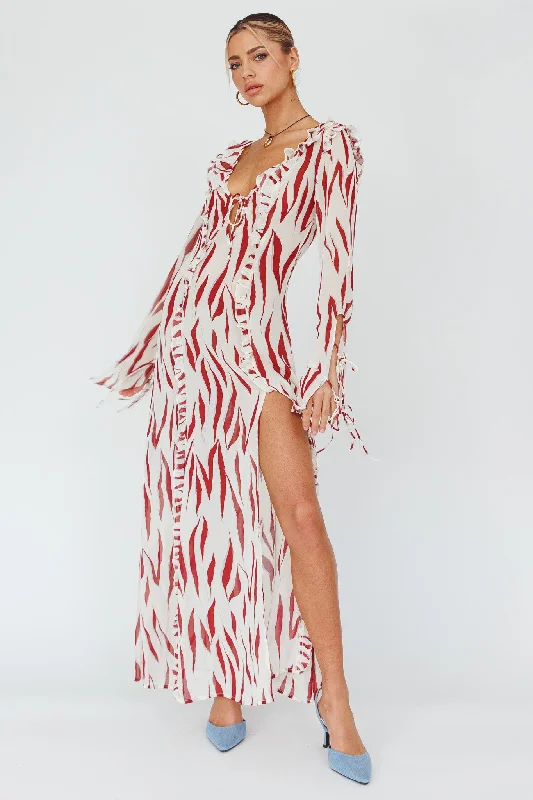 Oasis Moon Frill Trim Maxi Dress Printed Ruby