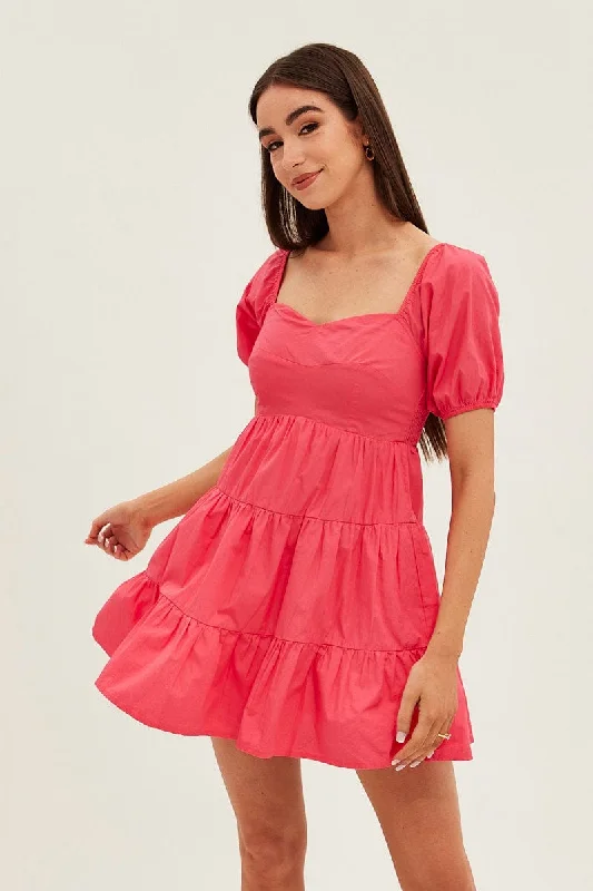 Pink Fit And Flare Dress Mini Sweetheart Poplin