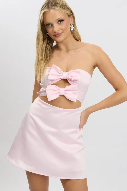 Pink Fit And Flare Dress Ribbon Detail