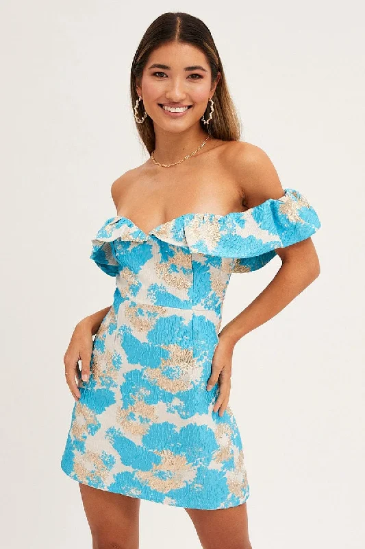 Print Volume Off Shoulder Jacquard Mini Dress