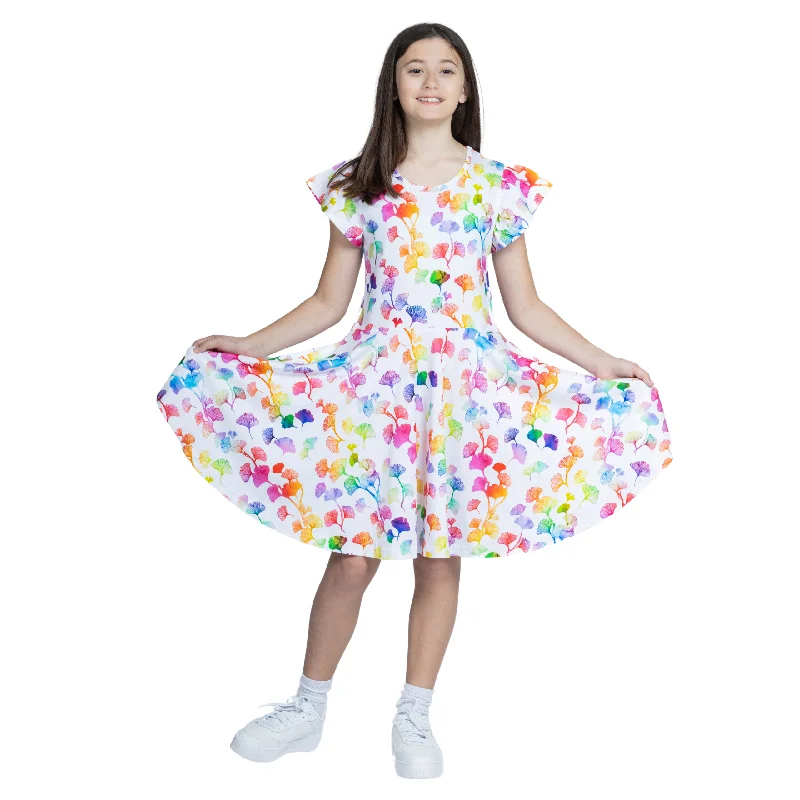 Rainbow Ginkgo Leaves Kids Twirl Dress