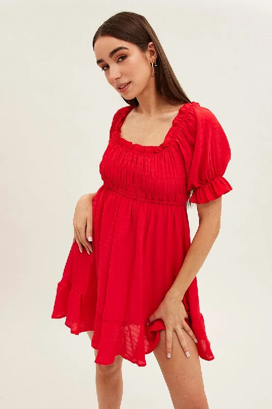 Red Gathered Bust Skater Dress