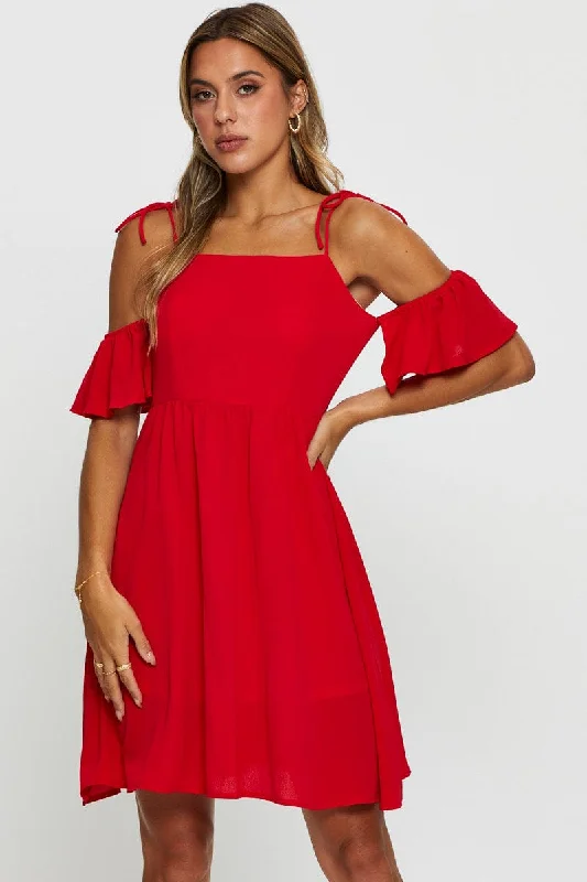 Red Mini Dress Off Shoulder Round Neck