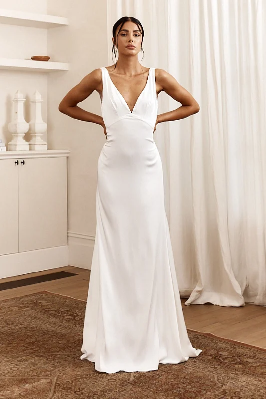 See The Sun V-Neckline Satin Maxi Dress White