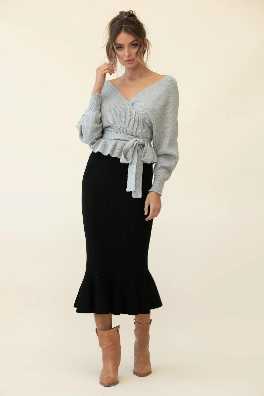 Shalon Ribbed Knit Fluted Hem Midi Skirt Antique Black