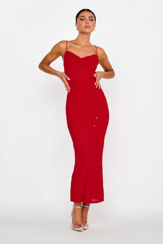 Teava Laced Waist Maxi Dress Red