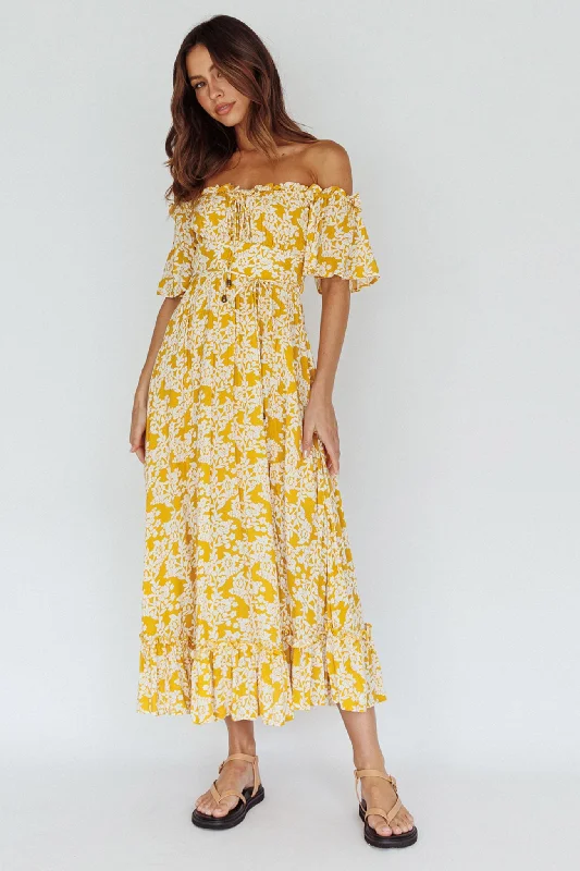 Voyager Off-Shoulder Bell Sleeve Midi Dress Floral Yellow