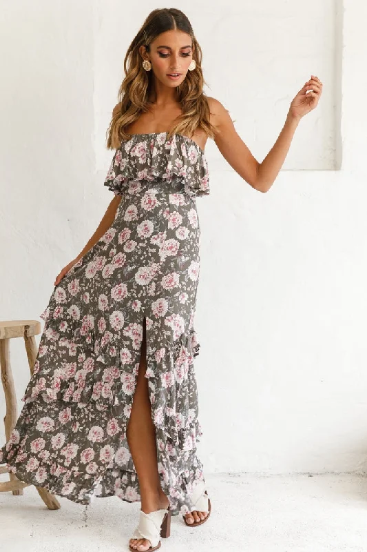 Zulu Frill Bust Front Split Maxi Dress Floral Print Olive