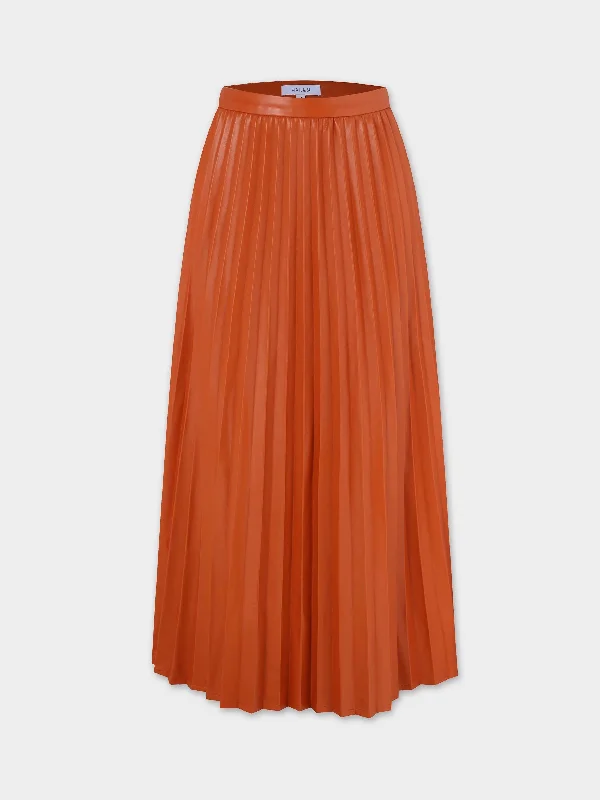 Accordion Pleated Faux Leather Skirt-Cognac