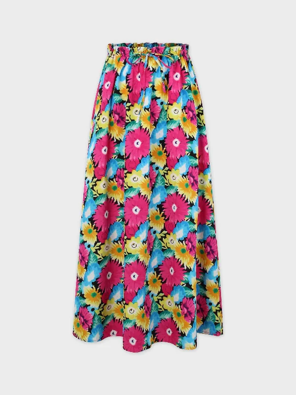 Elastic Waist Printed Skirt-Bright Floral