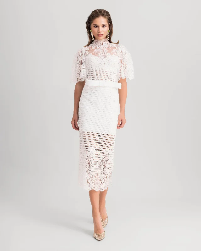 High-Collar Lace Top With Pencil Skirt