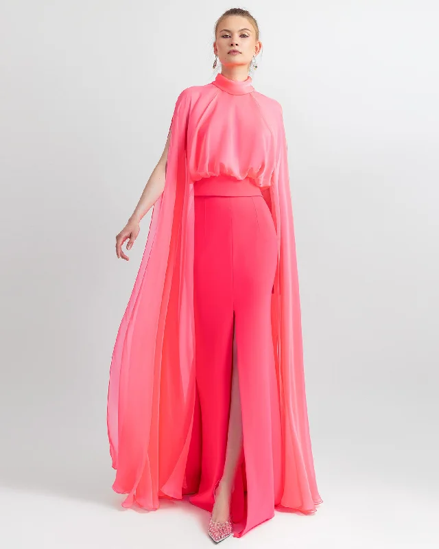 High-Neckline Neon Pink Top and Mermaid Cut Skirt