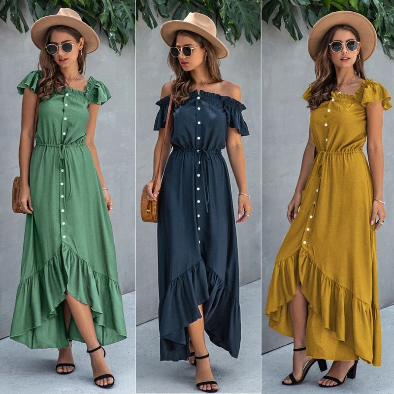 Fashion Ruffled Women's Dress, One-word Collar, Button-tethered Long Skirt, Irregular Backless