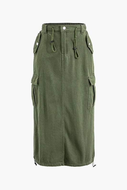 Flap Pocket Drawstring Split Cargo Skirt