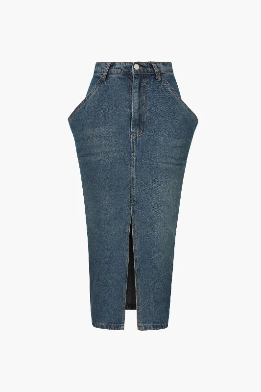 Large Pocket Slit Denim Skirt