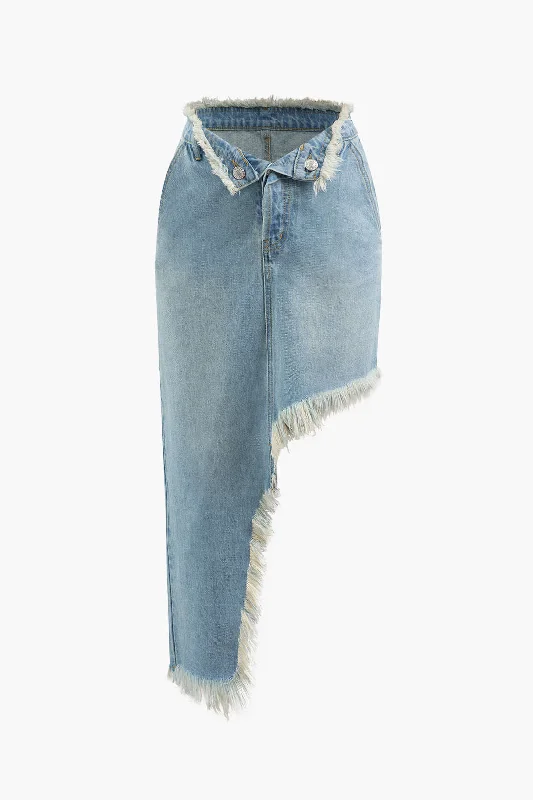 Asymmetric Frayed Trim Denim Skirt