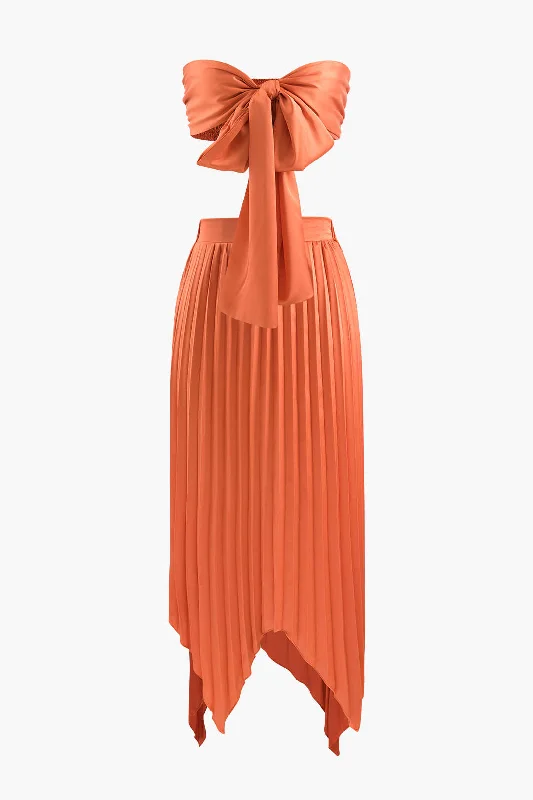 Knot Front Tube Top And Asymmetric Pleated Skirt Set