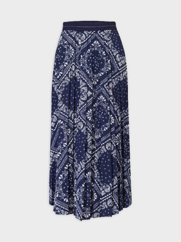 Printed Pleated Skirt 37"-Cream/Navy Paisley