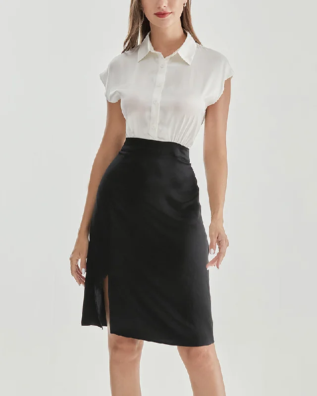 Silk Dress with White Shirt and Black Skirt